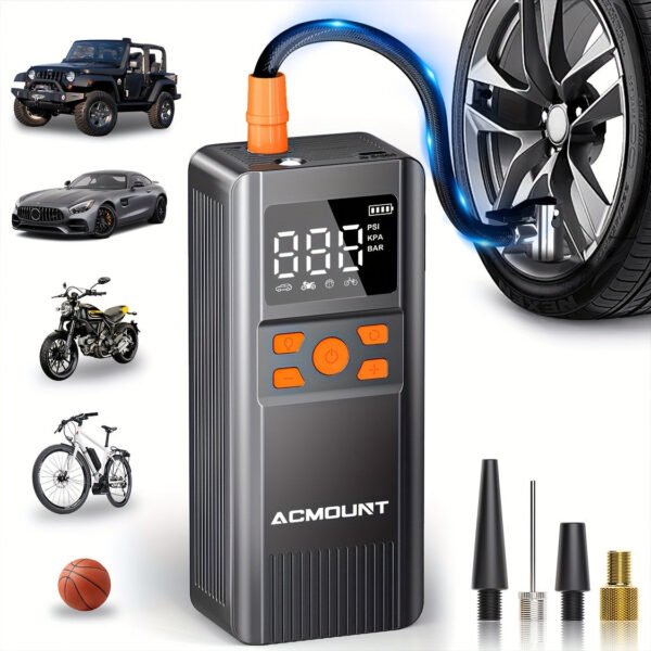ACMOUNT Tire Inflator Portable Air Compressor, 150PSI Portable Air Pump for Car Tires, 2X Faster Inflation Cordless Tire Pump with Digital Pressure Gauge LED Light for Car, Bike, Motorcycle, Ball